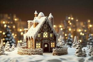 ai generiert Weihnachten Lebkuchen Haus magisch Fee Geschichte Schloss im schneebedeckt Winter von zuckerhaltig Träume ai generiert foto