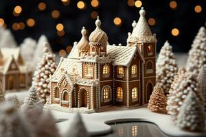 ai generiert Weihnachten Lebkuchen Haus magisch Fee Geschichte Schloss im schneebedeckt Winter von zuckerhaltig Träume ai generiert foto