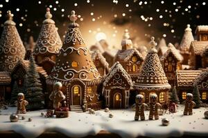 ai generiert Weihnachten Lebkuchen Haus magisch Fee Geschichte Schloss im schneebedeckt Winter von zuckerhaltig Träume ai generiert foto