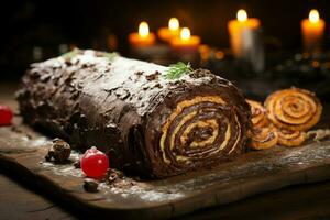 ai generiert klassisch Weihnachten Log ein festlich behandeln Weihnachten Kuchen gerollt und geschmückt zum ein herrlich Feier ai generiert foto