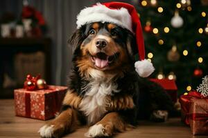 ai generiert Weihnachten Feierlichkeiten mit ein liebenswert Hund feiern mit festlich Dekorationen und Urlaub Freude ai generiert foto