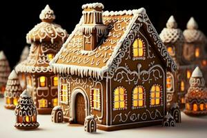 ai generiert Weihnachten Lebkuchen Haus magisch Fee Geschichte Schloss im schneebedeckt Winter von zuckerhaltig Träume ai generiert foto