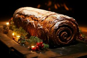 ai generiert klassisch Weihnachten Log ein festlich behandeln Weihnachten Kuchen gerollt und geschmückt zum ein herrlich Feier ai generiert foto