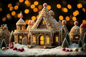 ai generiert Weihnachten Lebkuchen Haus magisch Fee Geschichte Schloss im schneebedeckt Winter von zuckerhaltig Träume ai generiert foto