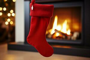 ai generiert Weihnachten festlich Feierlichkeiten rot Socke hing durch das Kamin warten Weihnachtsmänner froh Überraschungen ai generiert foto