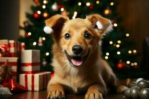 ai generiert Weihnachten Feierlichkeiten mit ein liebenswert Hund feiern mit festlich Dekorationen und Urlaub Freude ai generiert foto