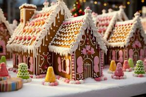 ai generiert Weihnachten Lebkuchen Haus magisch Fee Geschichte Schloss im schneebedeckt Winter von zuckerhaltig Träume ai generiert foto