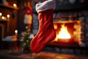 ai generiert Weihnachten festlich Feierlichkeiten rot Socke hing durch das Kamin warten Weihnachtsmänner froh Überraschungen ai generiert foto
