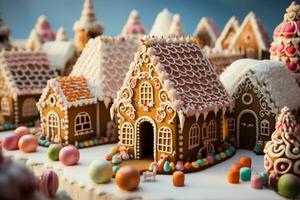 ai generiert Weihnachten Lebkuchen Haus magisch Fee Geschichte Schloss im schneebedeckt Winter von zuckerhaltig Träume ai generiert foto