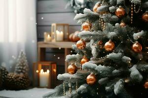 ai generiert schön dekoriert Weihnachten Baum mit funkeln Beleuchtung und festlich Ornamente ai generiert foto