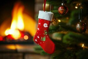 ai generiert Weihnachten festlich Feierlichkeiten rot Socke hing durch das Kamin warten Weihnachtsmänner froh Überraschungen ai generiert foto