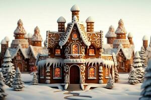 ai generiert Weihnachten Lebkuchen Haus magisch Fee Geschichte Schloss im schneebedeckt Winter von zuckerhaltig Träume ai generiert foto