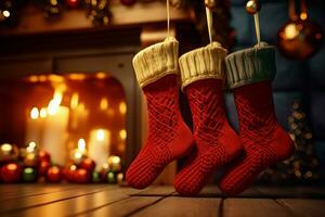 ai generiert Weihnachten festlich Feierlichkeiten rot Socke hing durch das Kamin warten Weihnachtsmänner froh Überraschungen ai generiert foto