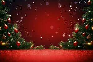 ai generiert magisch Urlaub Weihnachten Hintergrund ein funkelnd Baum und Bokeh Beleuchtung auf rot ai generiert foto