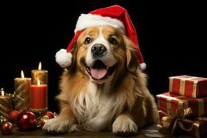 ai generiert Weihnachten Feierlichkeiten mit ein liebenswert Hund feiern mit festlich Dekorationen und Urlaub Freude ai generiert foto