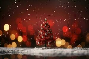 ai generiert magisch Urlaub Weihnachten Hintergrund ein funkelnd Baum und Bokeh Beleuchtung auf rot ai generiert foto