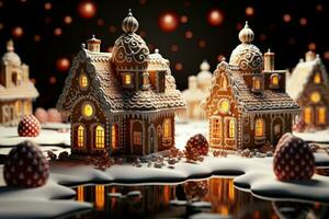 ai generiert Weihnachten Lebkuchen Haus magisch Fee Geschichte Schloss im schneebedeckt Winter von zuckerhaltig Träume ai generiert foto