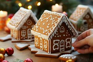 ai generiert Weihnachten Lebkuchen Haus magisch Fee Geschichte Schloss im schneebedeckt Winter von zuckerhaltig Träume ai generiert foto