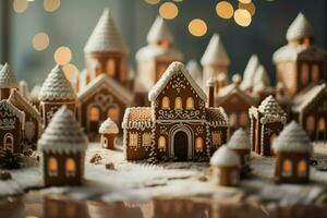 ai generiert Weihnachten Lebkuchen Haus magisch Fee Geschichte Schloss im schneebedeckt Winter von zuckerhaltig Träume ai generiert foto