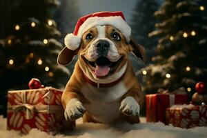 ai generiert Weihnachten Feierlichkeiten mit ein liebenswert Hund feiern mit festlich Dekorationen und Urlaub Freude ai generiert foto