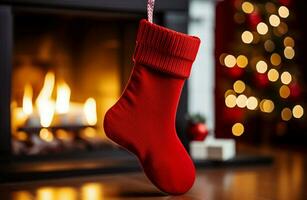 ai generiert Weihnachten festlich Feierlichkeiten rot Socke hing durch das Kamin warten Weihnachtsmänner froh Überraschungen ai generiert foto