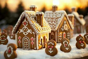 ai generiert Weihnachten Lebkuchen Haus magisch Fee Geschichte Schloss im schneebedeckt Winter von zuckerhaltig Träume ai generiert foto