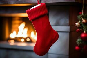 ai generiert Weihnachten festlich Feierlichkeiten rot Socke hing durch das Kamin warten Weihnachtsmänner froh Überraschungen ai generiert foto