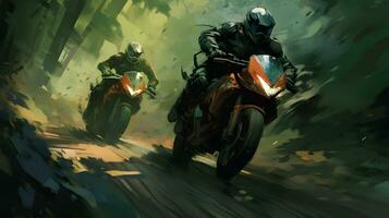 ai generiert Motorrad Fahrer auf ein Motorrad im Bewegung verwischen Digital Gemälde foto