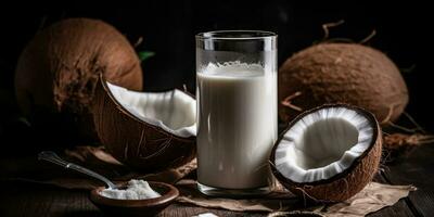 ai generiert Kokosnuss Milch auf ein hölzern Hintergrund. Kokosnuss Milch im ein Glas Flasche , gesund Essen, ai generativ foto