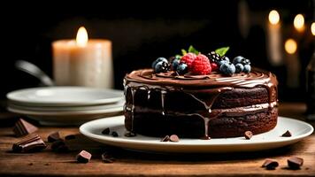 ai generiert Schokolade Kuchen Belag mit Beeren, Minze Blätter Schokolade Glasur auf Weiß Teller auf ein hölzern Tisch. hausgemacht Bäckerei Konzept foto