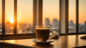 ai generiert Kaffee Tasse auf Tabelle gegen das Fenster von Sonnenuntergang Stadt Aussicht Hintergrund. das Konzept von Zuhause Büro, Arbeit Raum, echt Anwesen, Eigentum foto