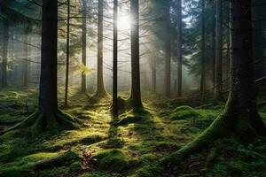 ai generiert natürlich Wald von Fichte Bäume , Sonne scheint durch Morgen Dunst , schön Wald beim Sonnenaufgang , ai generativ foto