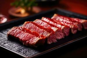 ai generiert Grill Steak roh japanisch wagyu Rindfleisch a5 , Dort ist Fett zwischen das Fleisch, ai generativ foto