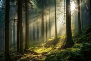 ai generiert natürlich Wald von Fichte Bäume , Sonne scheint durch Morgen Dunst , schön Wald beim Sonnenaufgang , ai generativ foto