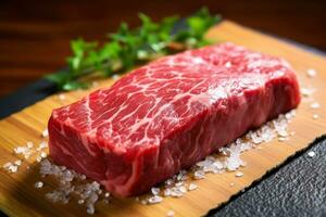 ai generiert Grill Steak roh japanisch wagyu Rindfleisch a5 , Dort ist Fett zwischen das Fleisch, ai generativ foto