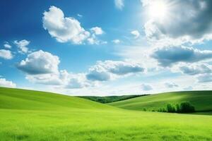 ai generiert Landschaft von Grün Gras Feld mit Blau Himmel und klein Hügel , Sommer- Natur Landschaft Hintergrund, ai generativ foto