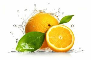 ai generiert frisch Orange Obst isoliert mit geschnitten und Grün Blätter auf Weiß Hintergrund, ai generativ foto