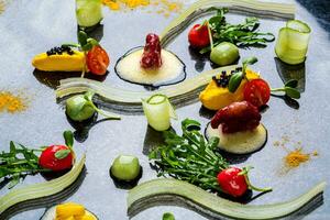 abstrakt Gastronomie Vorhut Konzept molekular Küche Hintergrund foto