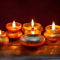 ai generiert traditionell indisch Öl Lampen zum Diwali Festival auf dunkel Hintergrund. traditionell Festival Hindu ai generiert foto