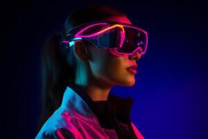 ai generiert. Frau mit erweitert Wirklichkeit Brille im Neon- Beleuchtung foto