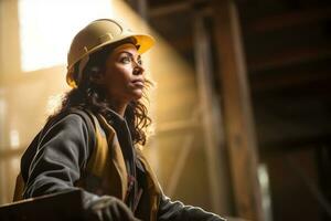 ai generiert. Porträt von ein weiblich Konstruktion Arbeiter tragen Sicherheit Helm und Helm foto