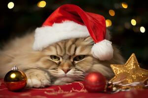 ai generiert. persisch Katze im rot Santa Hut und Weihnachten Dekoration auf Bokeh Hintergrund foto
