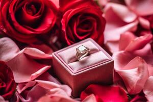 ai generiert. kostbar Engagement Ring im Samt Box umgeben durch Rosen foto