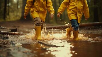 ai generiert zwei Kinder im Gelb Regenmäntel Gehen durch ein Pfütze foto