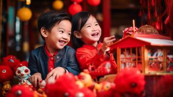 ai generiert. froh Geschwister spielen mit traditionell Chinesisch Spielzeuge während Festival foto