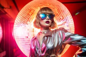 ai generiert. Disko Fieber retro glam im ein blendend Licht Schauspiel foto