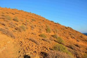 das rot Sand und Sträucher auf das Seite von das Berg foto