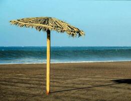 ein Strand Regenschirm auf das Sand foto
