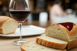 ai generiert Tasse von Wein mit Brot. Profi Foto