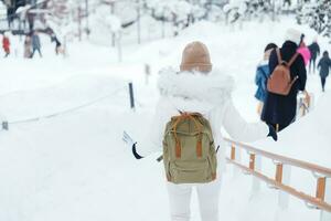 Frau Tourist Besuch im Asahikawa, Reisender im Sweatshirt Besichtigung Asahiyama Zoo mit Schnee im Winter Jahreszeit. Wahrzeichen und Beliebt zum Sehenswürdigkeiten im Hokkaido, Japan. Reise und Ferien Konzept foto